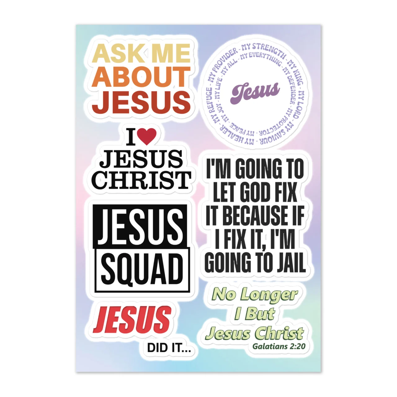 All About Jesus sticker sheet with 7 designs including Ask Me About Jesus, I Love Jesus Christ, Jesus Squad, Jesus Did It, No Longer I But Jesus Christ Galatians 2:20 on holographic gradient background