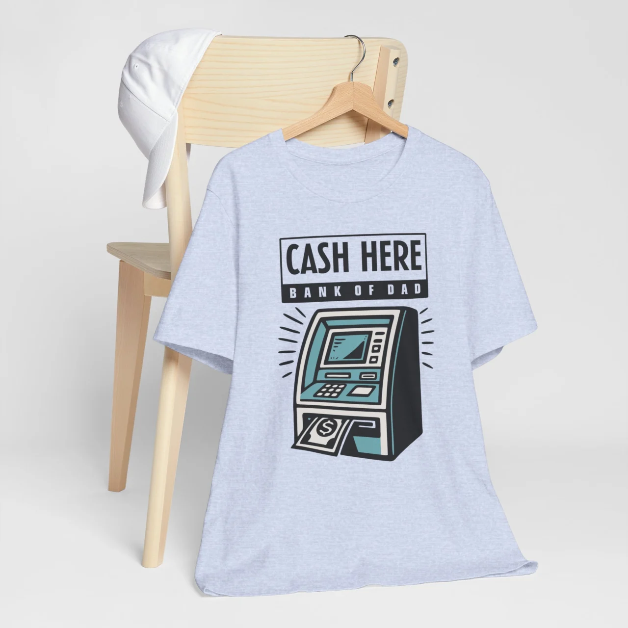 Cash Here Bank Of Dad Funny Dad ATM Graphic Tee in Heather Prism Blue with Teal ATM Design