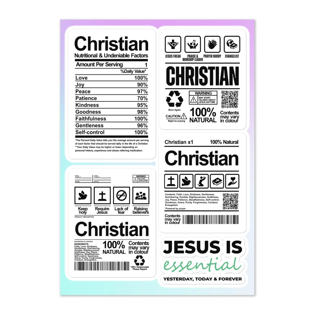 Funny Christian Nutrition Facts sticker sheet with 6 clever label-style designs including Christian Nutritional Facts label, Package Handling Information, 100% Natural, Jesus Is Essential Yesterday Today Forever