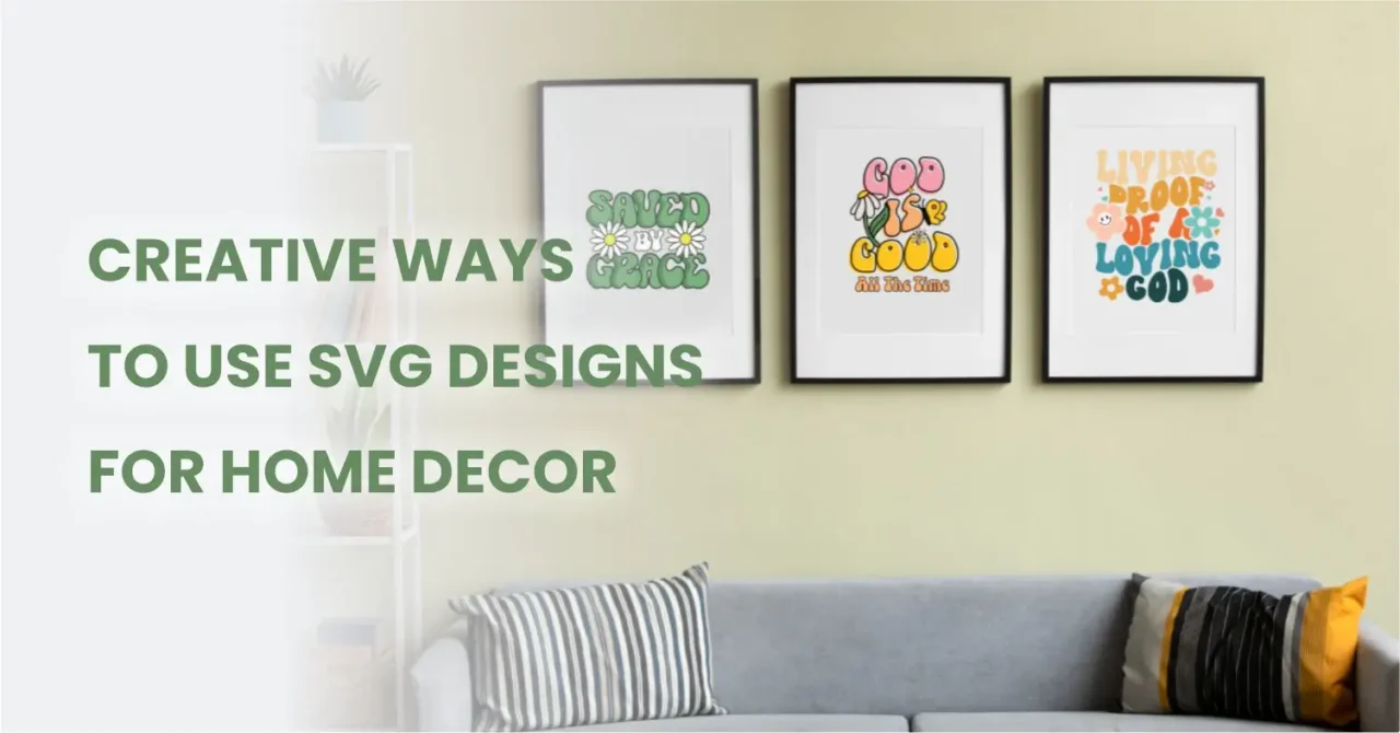 Three framed wall art prints with colorful retro-style SVG designs and Christian quotes hanging above a gray sofa - Creative Ways to Use SVG Files for Personal Projects