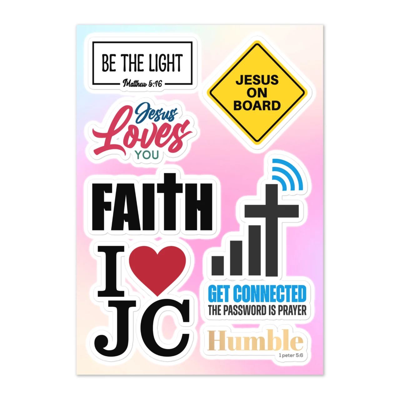 Daily devotional Christian sticker sheet with 7 everyday faith designs including Be The Light Matthew 5:16, Jesus On Board, Jesus Loves You, Faith, I Love JC and Humble on pink gradient background