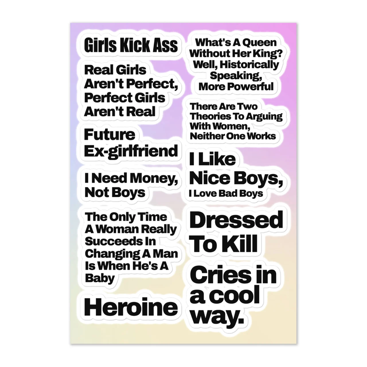 Girl boss sticker sheet with 11 women empowerment designs including 'Girls Kick Ass', 'What's A Queen Without Her King More Powerful', 'Heroine' on white background