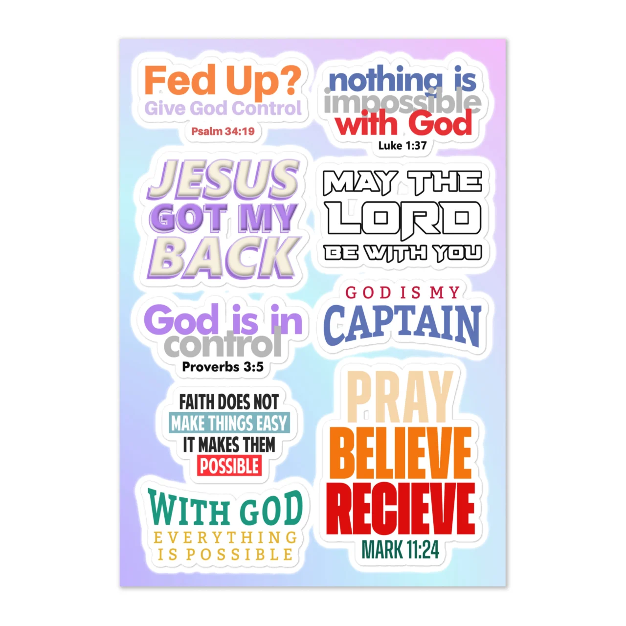 God In Control Christian sticker sheet with 9 sovereignty designs including Nothing Is Impossible With God, Jesus Got My Back, God Is In Control Proverbs 3:5, Pray Believe Receive Mark 11:24 on gradient background