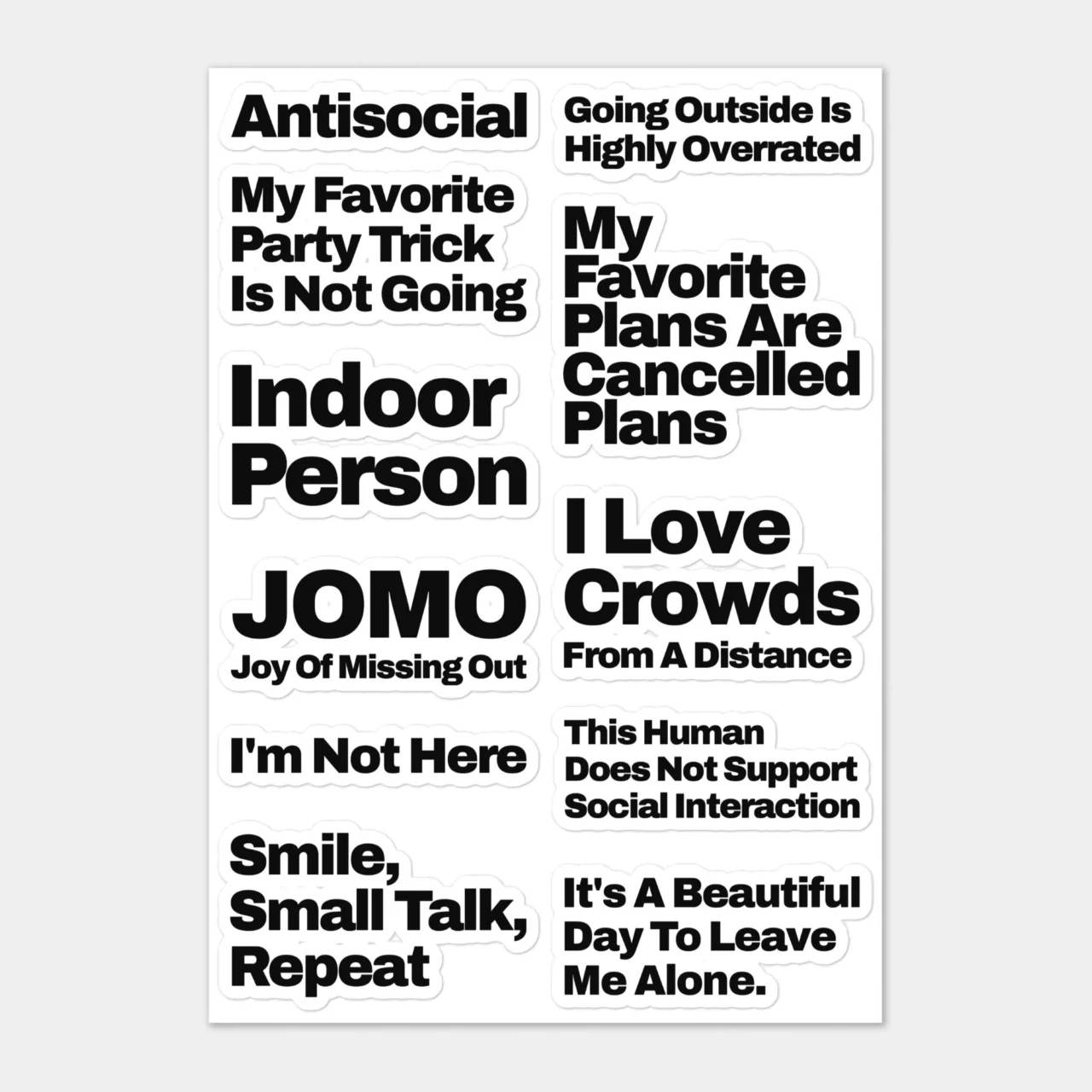 Introvert sticker sheet featuring 11 antisocial humor designs including 'JOMO Joy Of Missing Out', 'Indoor Person', and 'Going Outside Is Highly Overrated' on white background
