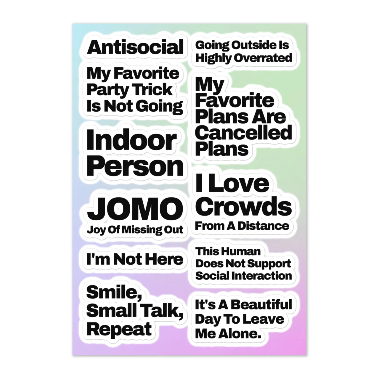 Introvert sticker sheet featuring 11 antisocial humor designs including 'JOMO Joy Of Missing Out', 'Indoor Person', and 'Going Outside Is Highly Overrated' on white background