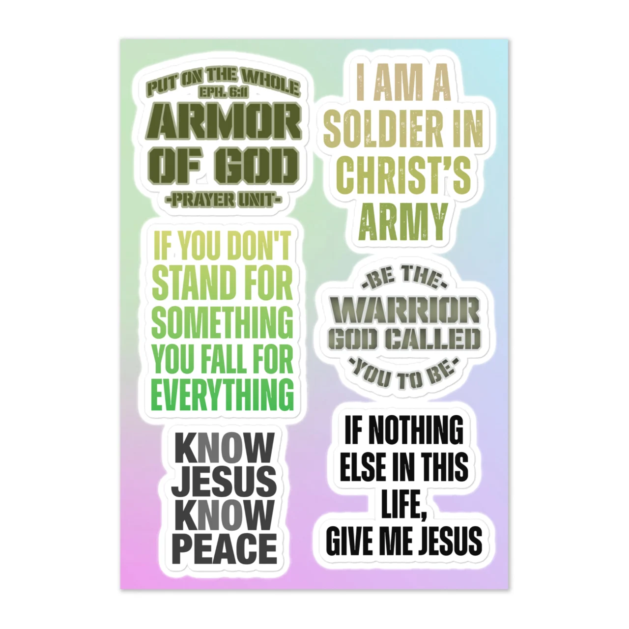 Prayer Warrior Armor Of God sticker sheet with 6 spiritual warfare designs including Put On The Whole Armor Of God Prayer Unit, I Am A Soldier In Christ's Army, Know Jesus Know Peace on gradient background