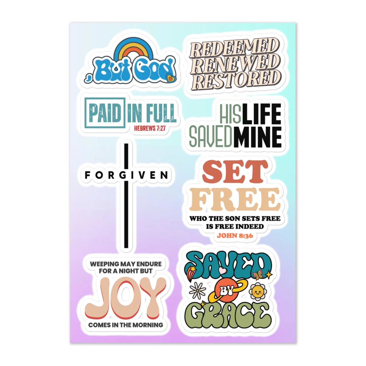 Redeemed Restored Christian sticker sheet with 8 redemption designs including But God, Redeemed Renewed Restored, Set Free John 8:36, Weeping May Endure Joy Comes In The Morning on pastel gradient background
