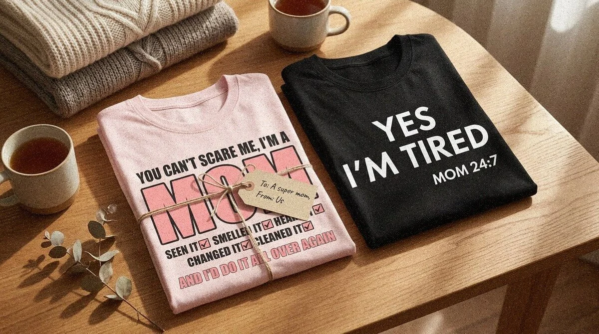 Flat lay of TeesLanding funny mom life T-shirts for Mother's Day gift including Ain't No Hood Like Motherhood and Chaos Coordinator designs