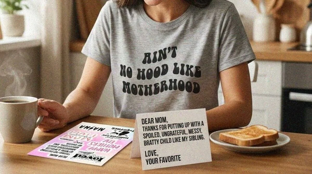 Mom wearing a funny TeesLanding graphic tee on Mother's Day with sticker sheets and custom gift items on a warm breakfast table - Funny Mother's Day Shirts & Gifts For Mom