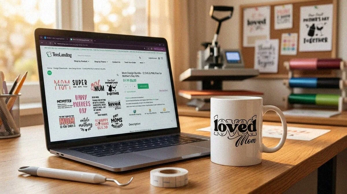 TeesLanding Mother's Day SVG and PNG design downloads shown on a laptop alongside a finished custom mug and framed print made using the design files