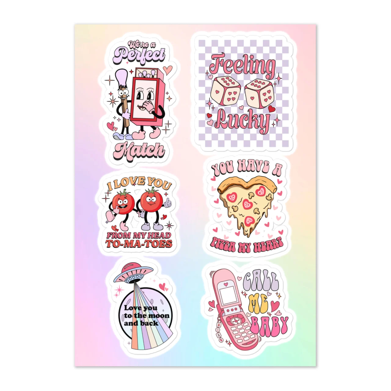 Cute Lovers Match Valentine's Day sticker sheet with 6 designs including We're A Perfect Match matchbox character, Feeling Lucky dice on checkerboard, I Love You From My Head To-Ma-Toes tomato characters, You Have A Pizza My Heart heart pizza, Love You To The Moon And Back UFO moon, Call Me Baby retro pink phone on pastel gradient