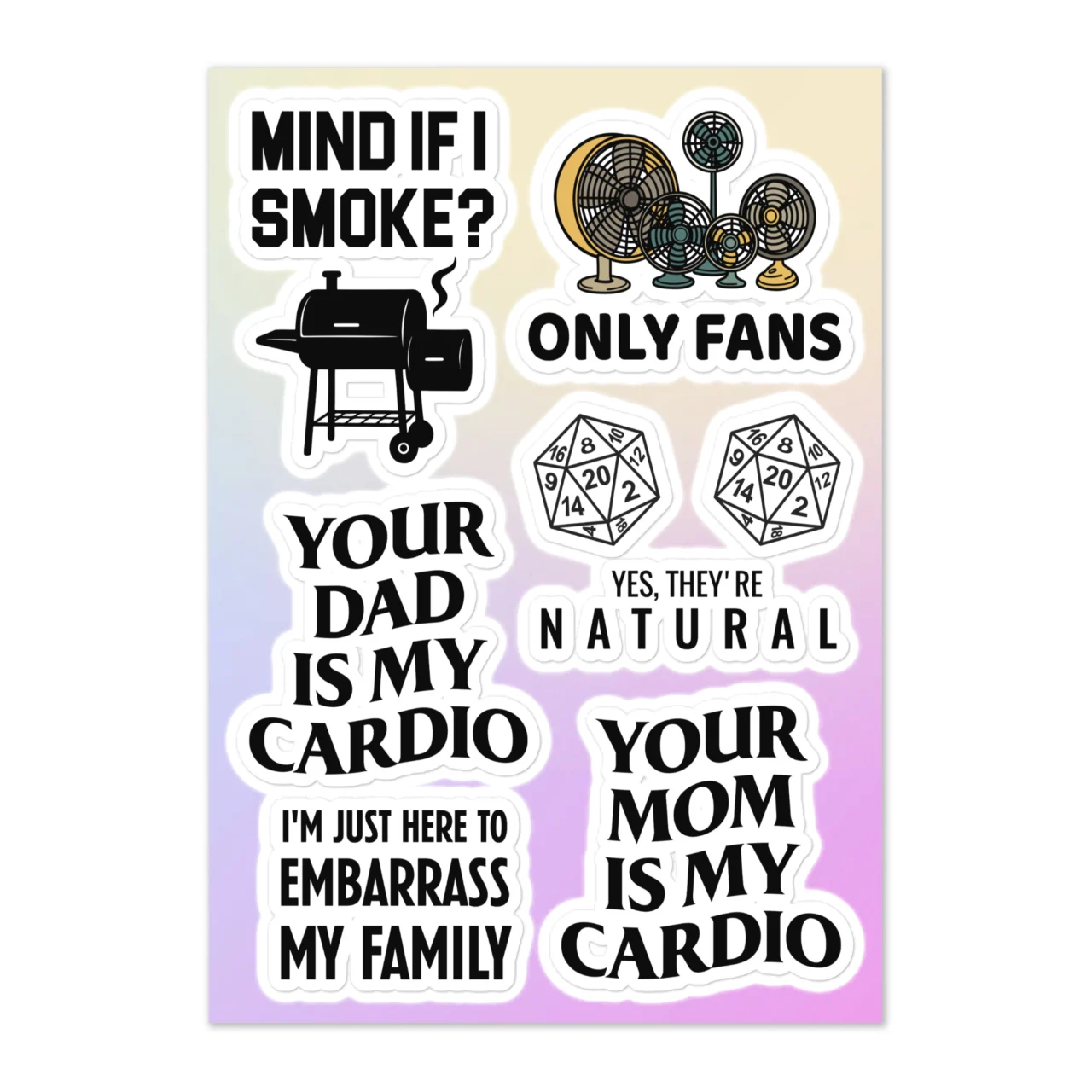 Funny adult life sticker sheet, double meaning decals of 6 designs including Mind If I Smoke BBQ smoker grill, Only Fans electric pedestal fans, Your Dad Is My Cardio, Yes They're Natural D&D dice, I'm Just Here To Embarrass My Family, Your Mom Is My Cardio on purple gradient