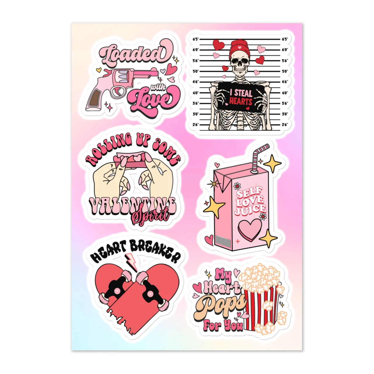 Funny Valentine's Day sticker sheet with 6 designs including Loaded With Love pink pistol, I Steal Hearts skeleton mugshot booking photo, Rolling In Love Valentine Spirit pinky swear, Self Love Juice juice box, Heart Breaker cracked heart with sunglasses, My Heart Pops For You popcorn box on pink gradient