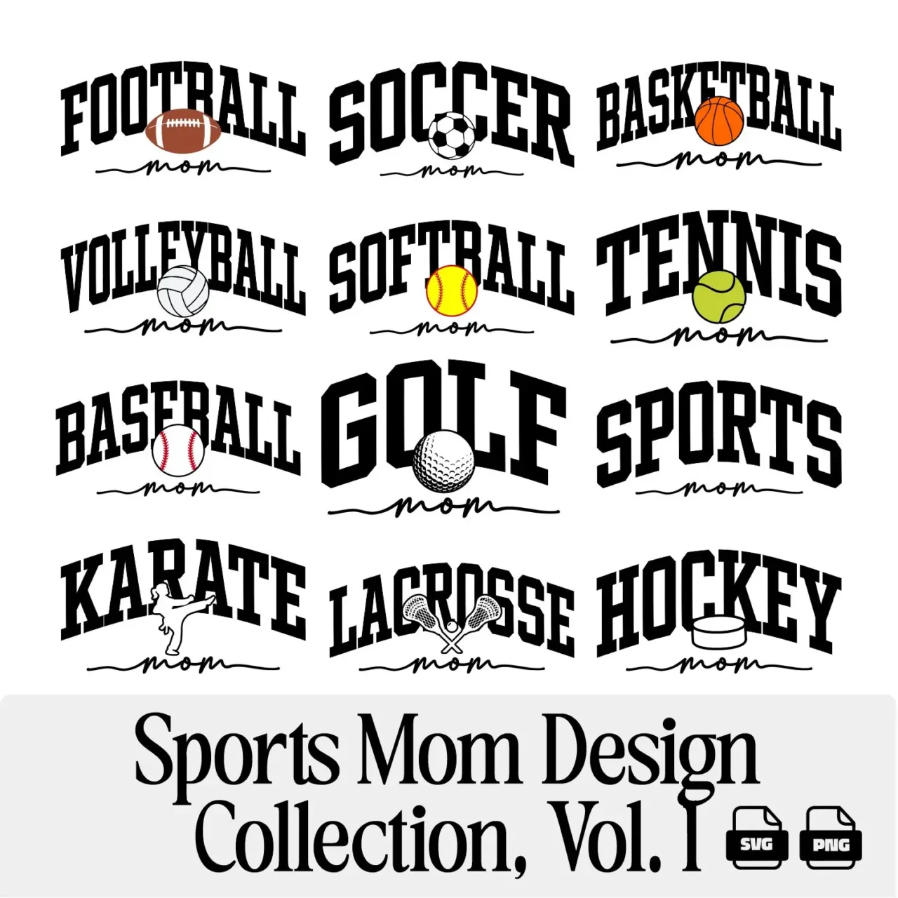 Sports Mom SVG PNG Design Bundle Vol. 1 of 12 designs showing Football Soccer Basketball Hockey Baseball Golf and more sports mom designs for personal craft projects