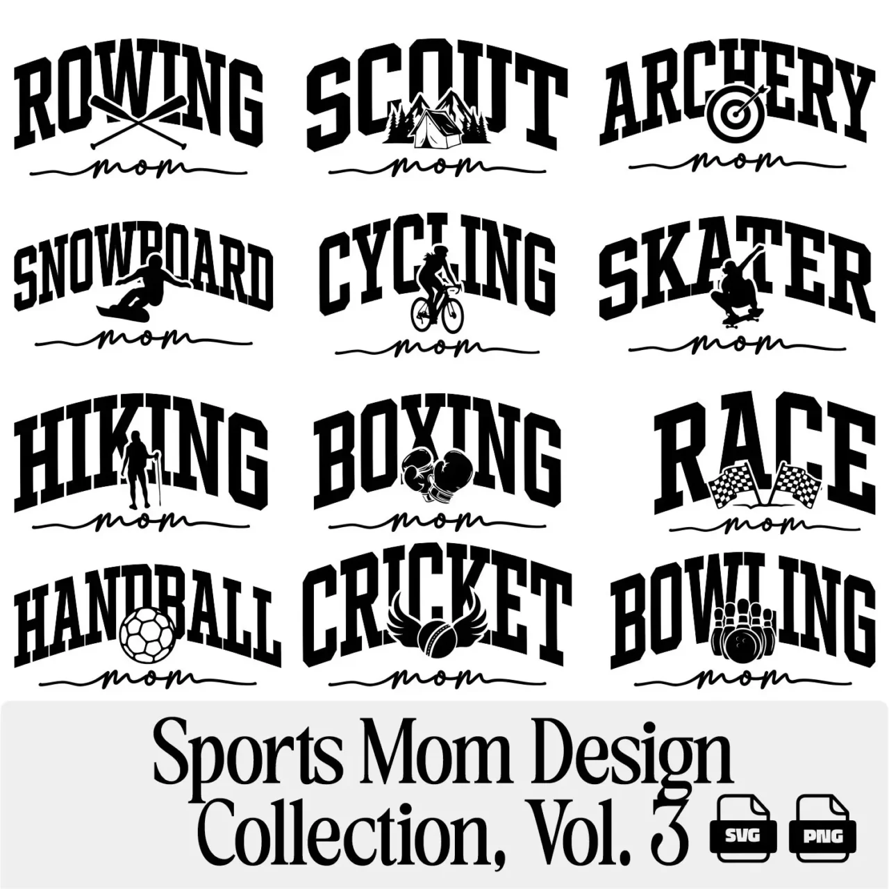 Sports Mom SVG PNG Design Bundle Vol. 3 of 12 designs showing Hiking Cycling Archery Rowing Boxing and Scout Mom designs