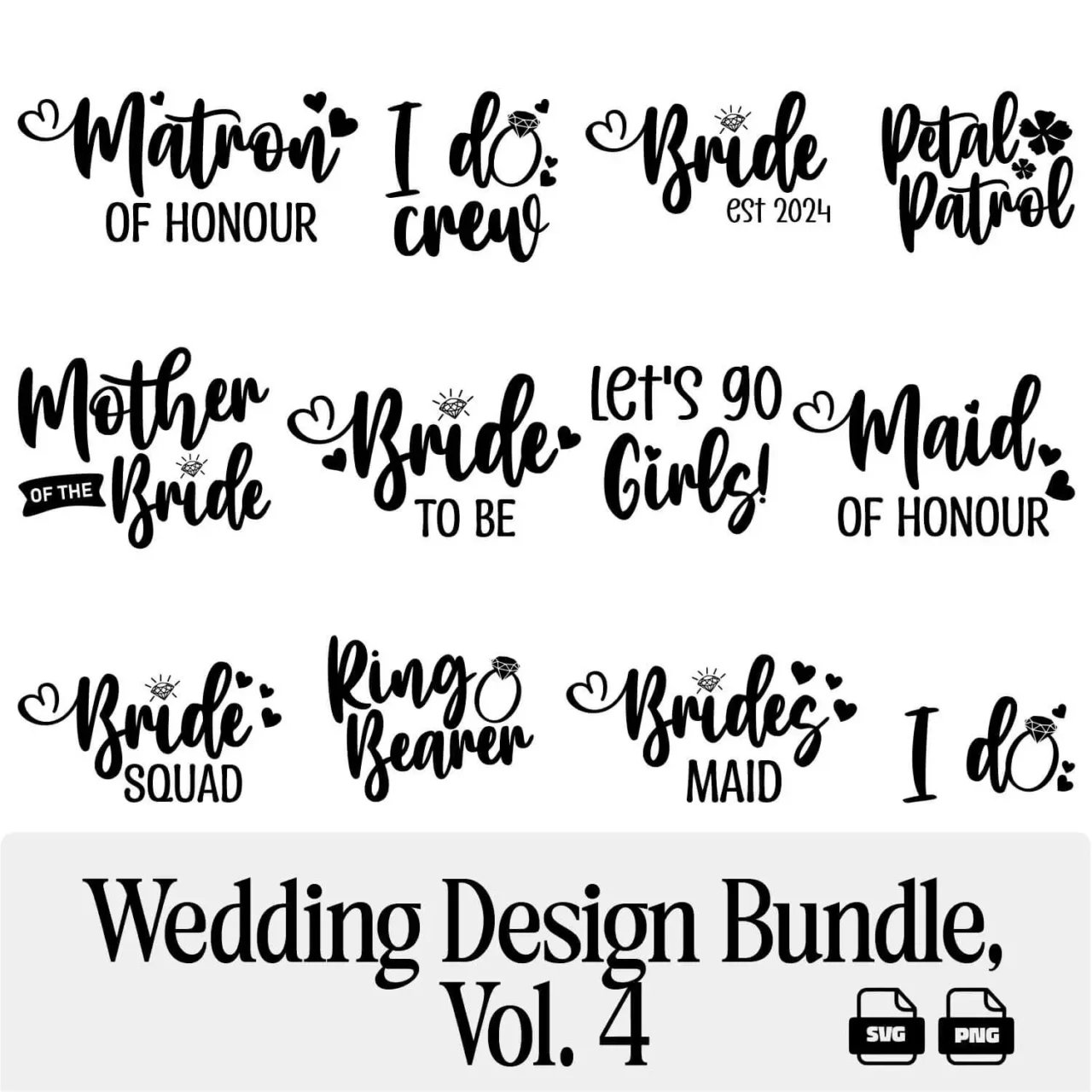 Wedding SVG PNG Design Bundle Vol. 4 showing Matron of Honour Ring Bearer Petal Patrol I Do Crew and Bride Squad designs